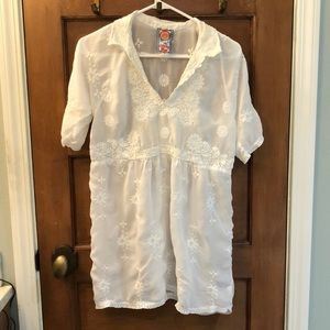 Johnny Was Sheer Embroidered Collared Top